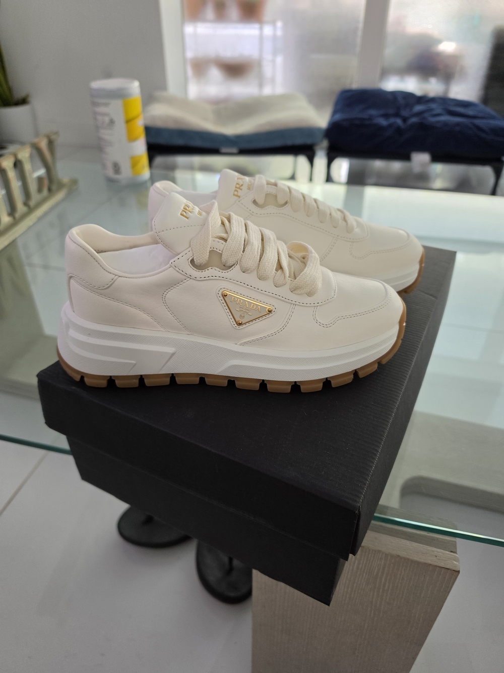 Prada Triangle Logo Leather Sneaker White & Brown
